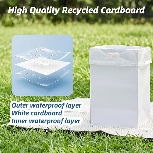 WIFTREY 13 Gallon Disposable Trash Cans for Parties 5 Pack, White | 13.5"L x 10.0"W x 21.7"H, Collapsible Waterproof Cardboard Bins with Handles, Reusable or Single-Use for Camping, Kitchen