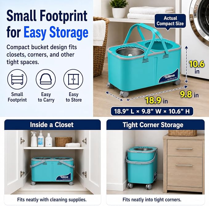 RinseWise Easy-Use Gen 2 Mop Bucket, Clean/Dirty Water Separation, 1 Heads | 1.5 Gal Clean-Water Capacity, Shower-Style Rinse, 4 Swivel Wheels, 61-Inch Handle, For Apartments, Hardwood & Tile Floors