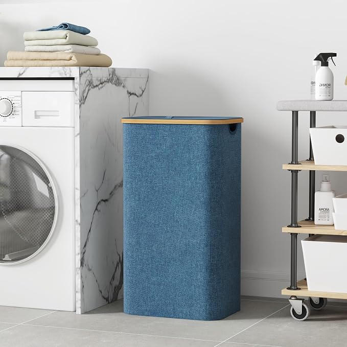 Lifewit 105L Laundry Basket with Lid, Clothes Hampers for Laundry with Bamboo Handles and 1 Removable Bag, Large Foldable Laundry Hamper for Bedroom, Bathroom, Dorm, Laundry Room, Dark Blue