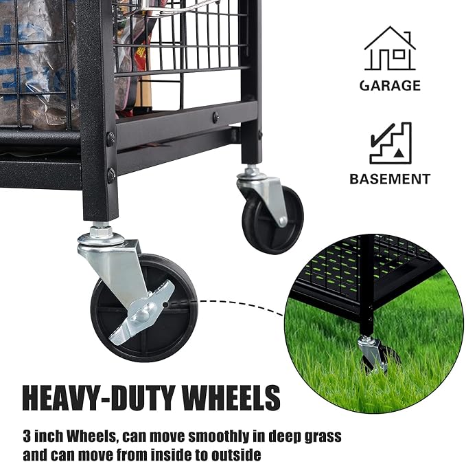 Mythinglogic Rolling Garden Tool Organizer for Garage, Yard and Lawn Tools | Metal rolling rack with multiple tool slots, movable hooks and locking casters for rakes, shovels, brooms and yard tools