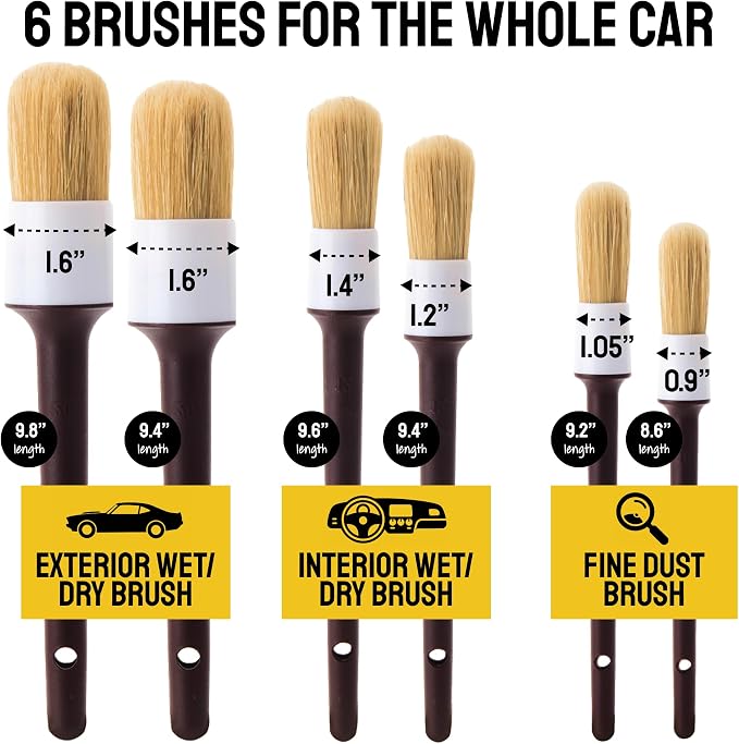 Car Detailing Brush Set 9-pc, Car Detailing Kit Interior by Detail Dudes | Boar Hair Car Detailing Supplies - Interior Soft Bristle Cleaning Brushes - Wheel Brush, Tire Brush, Tire Dressing Applicator