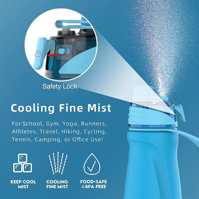 Misting Water Bottle, 24oz Insulated Water Bottle, 2-in-1 Mist & Sip Stainless Steel Water Bottles, Sports Water Bottle for Hiking, Running, Gym
