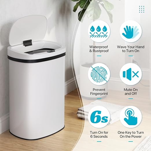 BLKMTY 13 Gal Trash Can with Lid, Motion Sensor Garbage Can, White | Stainless Steel Garbage Cans, 50 L Automatic Touchless Kitchen Trash Cans, High Capacity, for Home Office Bathroom