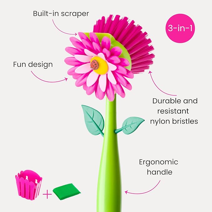 Vigar Flower Power Kitchen Sink Caddy Organizer, Pink | Dish Sponge Holder, Suction Cup and Sponge for Kitchen Sink, Decorative Kitchen Sink Accessories, Countertop Storage Set