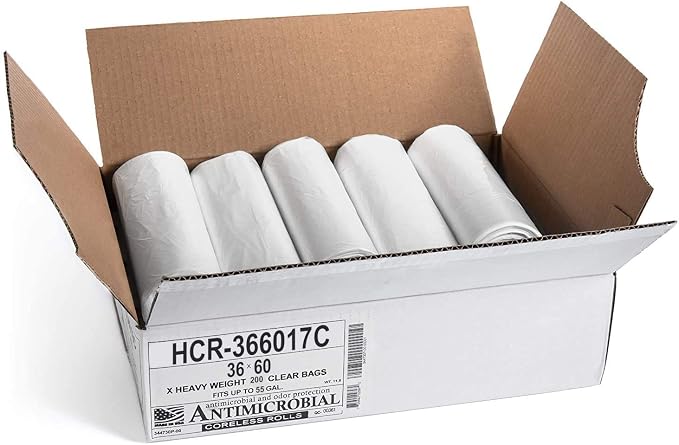 Aluf Plastics HCR-366017C 55 Gallon Custom Fit for Rubbermaid Brute - Clear Trash Bags (200 Count) - 36" x 60" - 17 Micron Equivalent High Density Value Garbage Bags for Bathroom, Office, Industrial, Commercial,