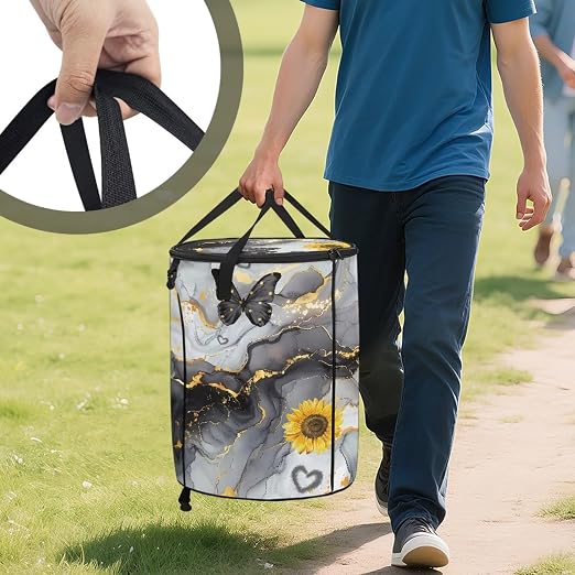 BIGCARJOB Marble Print Collapsible Trash Can Portable Tall Trash Can Oval Recycling Bin 22.83x17.71 Outside Sunflower Garbage Bin Storage Bag with Clip and Zipper Lid