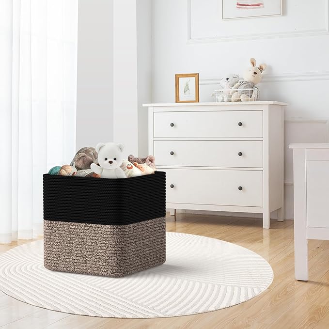 Storage Cotton Cubes 11 Inch, Woven Cotton Rope Storage Baskets for Toys Blanket Organizing, Storage Bins Decorative Organizer with Handles for Living Room Laundry Room Closet (3 Pack, Black Brown)