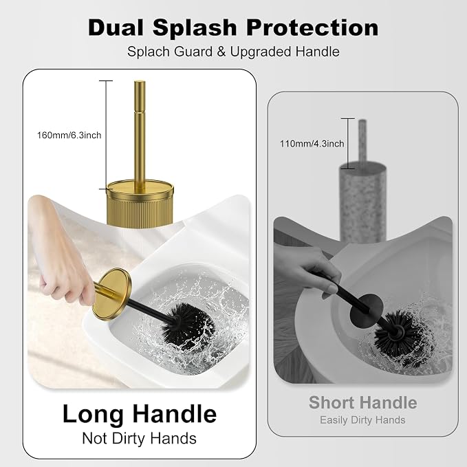 Metal Vertical Grain Toilet Bowl Brush and Holder Set Scrubber Warm Gold | Extra Long Handle with Splash Guard Cover, Bathroom Space-Saving, Heavy Durable Deep Cleaning, Cleaner Sets for Apartments