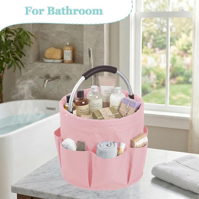WOOHA 17L Cleaning Caddy with Handle, Foldable Cleaning Supply Organizer with 6 Pockets, Portable Shower Caddy, Storage Basket for Housekeeping, Car Detailing, Garden, Pink