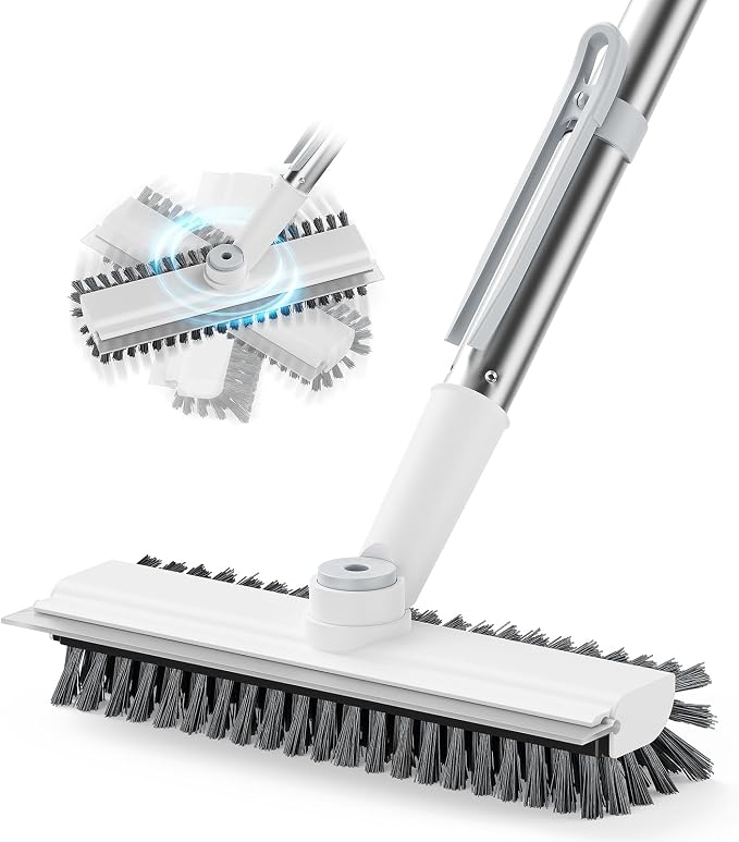 AIR U+ Floor Scrub Brush with Long Handle, 4 in 1 Floor Scrubber & Squeegee | Small Scrubber with Stiff Dual-Sided Bristles and Rotating Head for Shower, Bathroom, Bathtub, Kitchen and Patio, White