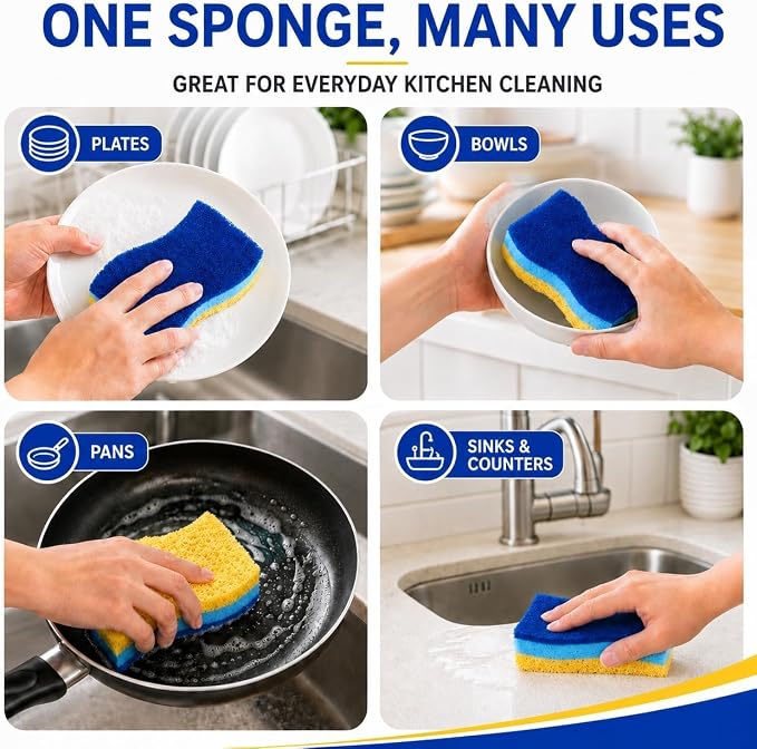 12 PCS Sponges Kitchen, Non Scratch Scrub Sponges for Washing Dishes, Blue | 3-Layer Kitchen Sponge, Dual-Sided Cleaning, Rich Suds Fast, Easy-Grip Design, Easy Rinse & Quick Clean