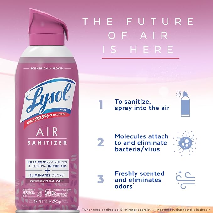 Lysol Air Sanitizer Spray, Air Freshener Alternative, Sunkissed Petals 3-Pk | Lysol Scented Air Sanitizing Room Spray, Bacterial Odor Eliminator, Home, Office, Classroom, Toilet, & Bathroom Spray, 10 oz