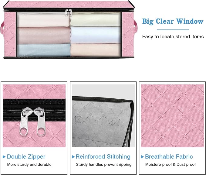 HomeHacks 6-Pack Clothes Organizer Storage Bags, 35L Storage Bins, Pink | Foldable Storage Box Container with Zippers, Clear Window, Reinforced Handles for Closet, Dorm, Pillows, Bedding, Sweater