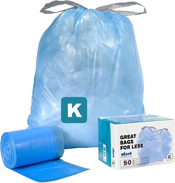 Plasticplace Custom Fit Trash Bags, Compatible with simplehuman Code K (50 Count) Tinted Blue Drawstring Garbage Liners 10 Gallon / 38 Liters, 24" x 28"