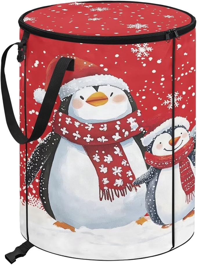 Christmas Penguin 24 Gal Collapsible Trash Can Waterproof Pop-Up Pop up Trash Can for Camping Backyard & Car Travel Easy to Clean Outdoor Garbage Bin Reusable Camping Essentials