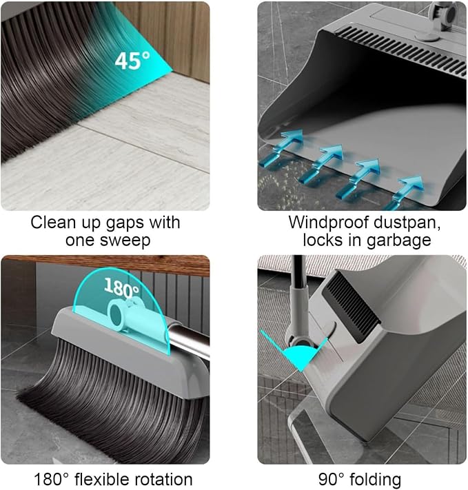 Broom with Dustpan Combo Set 3 Pieces Rust Proof Cleaning Tool Gadgets | Broom With Dust Pan for Home Kitchen Apartment Indoor Outdoor Floor Dorm Garage