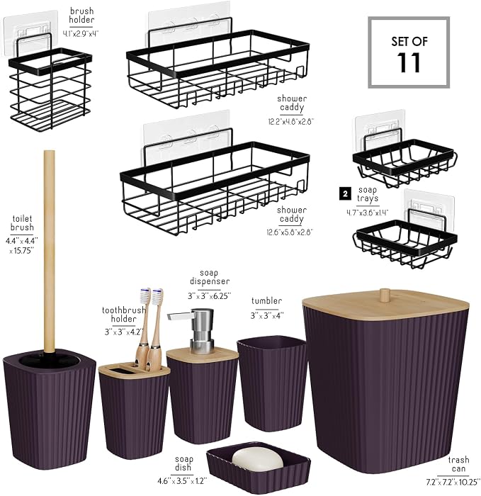 Clara Clark Bathroom Set - Purple Bathroom Accessories Set, 6PC Bathroom Accessory Set, Bathroom Sets with Adhesive Corner Shower Caddy Hanging, Toilet Brush, Trash Can & Soap Dispenser