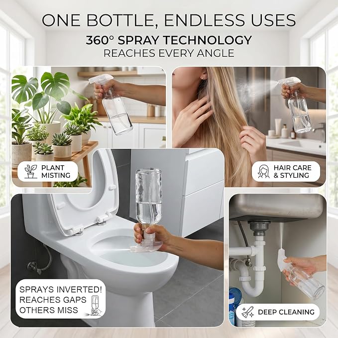 10oz Glass Spray Bottles 2 Pack, 360 Any-Angle Spraying | Refillable Spray Bottles with Adjustable Nozzle, Leakproof for Cleaning, Essential Oils, Plants, Hair Care