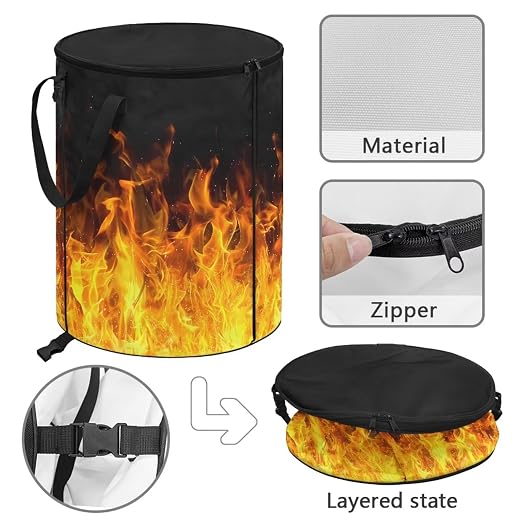 BIGCARJOB Collapsible Garbage Can Fire Print Trash Can Outdoor Waterproof Recycling Bin Storage Bag Holder Trash Bin with Lid and Clip, 22.83x17.71 in