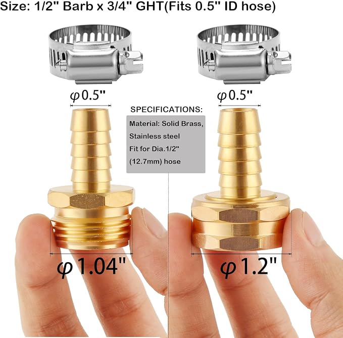 Brass Garden Hose Connector Repair Mender Kit, Fits 1/2" Water Hose Fitting | 1 Set, 1/2" Barb x 3/4" GHT, with Stainless Clamp