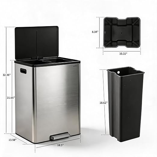 10.5 Gal Dual Compartment Stainless Steel Kitchen Trash Can with Lid, 20L+20L Recycling Garbage Bin, Soft Close Foot Pedal Trash Bin with 2 Removable Inner Buckets, Fingerprint Resistant for Home Offi | 20L+20L Recycling Garbage Bin, Soft Close Foot Pe...