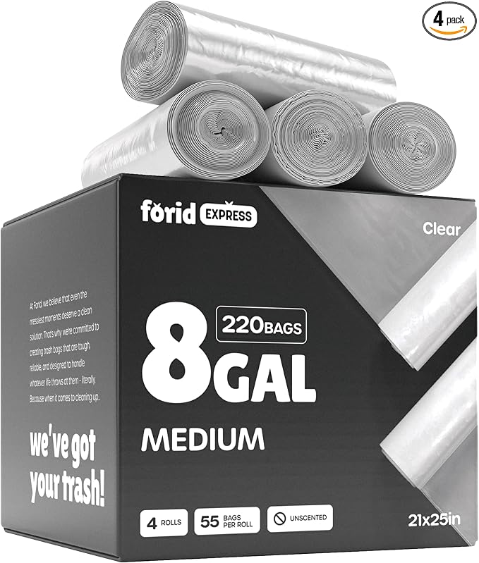 FORID Clear Trash Bags, 8 Gallon Garbage Bags, Wastebasket Bin Liners 220 Count Plastic Trash Bags for Bathroom Bedroom Office Garbage Can 30 Liters - Durable & Thick Trash Bag - Medium