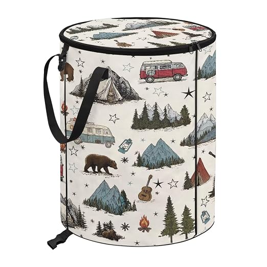 Mountain and Bus Print Camping Trash Can Collapsable 20 Gallon Large Outdoor Trash Can with Lid Waterproof Design Garbage Cans for Car Easy to Use and Clean