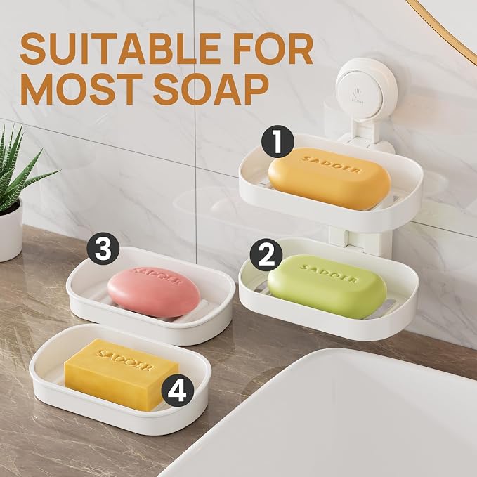 LEVERLOC Soap Holder, Soap Dish for Shower, Suction Cup Bar Soap Holder | 2 Layer Soap Bar Holder for Shower, Wall Mounted Self Draining, NO Drill Sponge Holder for Bathroom, Bathtub Kitchen Sink