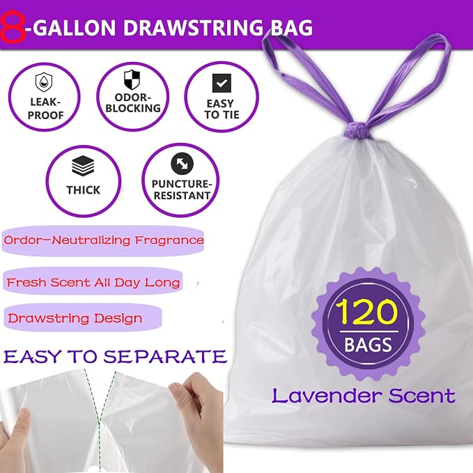 8 Gallon Trash Bags Drawstring, 120 Count Lavender Scented Leak Proof Medium Garbage Bags, 8 Gal Bin Bags Odor Control & Tear Resistant Can Liners for Kitchen Bathroom Bedroom Office