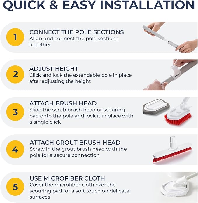 Shower Scrubber with Long Handle, Stiff Bristles Grout-Brush, Tub Scrub-Brush with Long-Handle, Shower-Cleaner Brush | Extendable, stiff bristles, scouring pad and microfiber cloth included