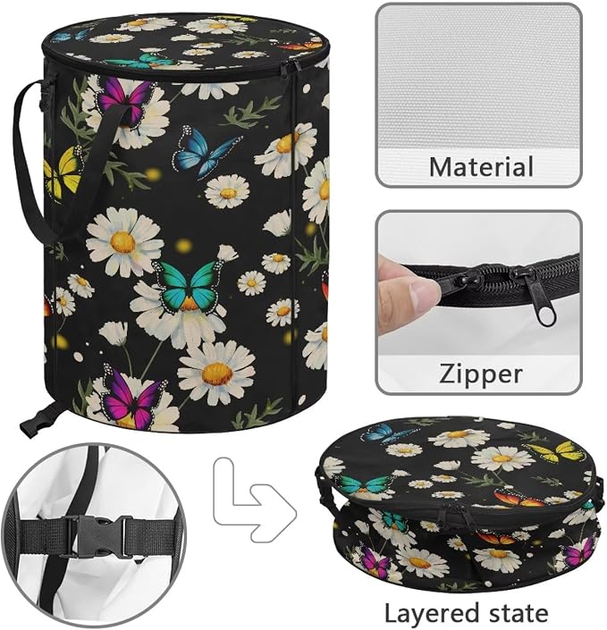 Daisy Butterfly Print 24 Gallon Garden Waster Bags with Lid and Handles Reusable Lawn Garden Bags Collapsible Trash Can for Camping Outdoor Picnics