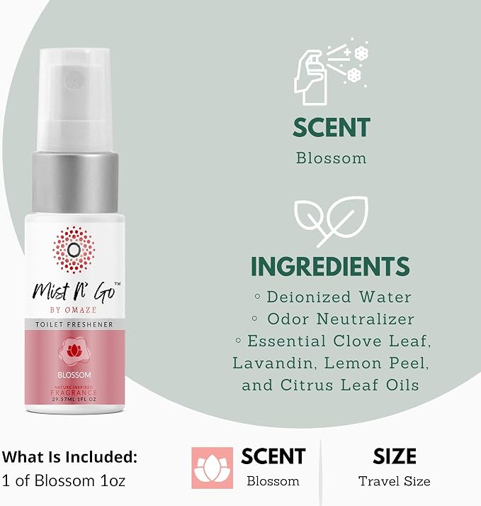 Mist N’ Go by Omaze Travel Bathroom Spray for Toilet Spray Odor Eliminator - Travel Toilet Spray for Bathroom Air Freshener Spray for Bathroom Deodorizer - Blossom Travel Size (1oz x1)