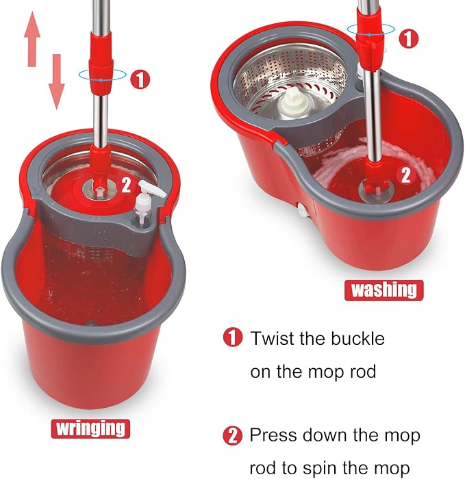 Spin Mop and Bucket with Wringer Set, 3 Mop Heads, 61" Adjustable Handle | 360° Spinning Mop Bucket System with 3 Microfiber Mop Heads & 61" Stainless Steel Adjustable Handle for Floor Cleaning