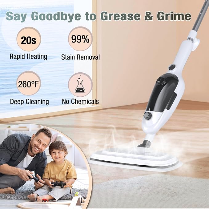 11-in-1 Steam Mop, Powerful Handheld Steam Cleaner for Home with 23FT Cord | MultiPurpose Steam Mop with 15.2 OZ Water Tank, 3 Steam Modes for Hardwood Floors, Clothes, Tile, Windows, Carpet
