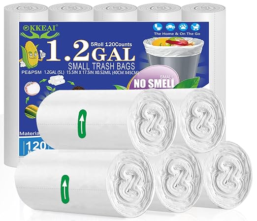 OKKEAI 5L Garbage Bags, Small Trash Bags for Bathroom, 120 Count | Strong Trash Bags with Translucent Material, Fit Small Wastebaskets for Clean Daily Disposal