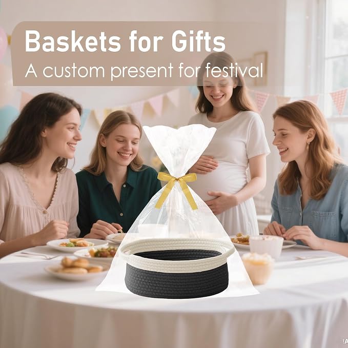 JMvicyroam Small Woven Basket, Empty Gift Basket, White&Black/2 Pack | Small Gift Basket, Cotton Rope, 12 x 8 x 61 in, Handles, Includes Ribbon and Bag, Birthday Gift Basket