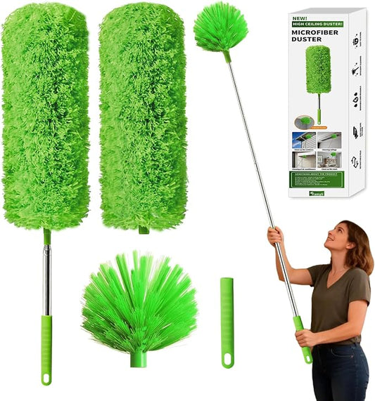 Cobweb Duster with Extension Pole, Washable Cleaning Duster Kit with 3 Duster Heads, Cobweb Duster, Corner Brush, Aluminum Telescoping Pole for high Ceiling Fan，Spider Web Brush with Extension Pole