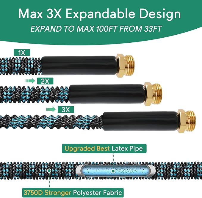 Expandable Garden Hose 100ft with 10 Function Nozzle, 2026 No Kink Water Hose 100 ft, Leak-proof Sturdy Metal Fittings, Durable 3750D Fabric, Lightweight, Flexible for Outdoor Watering, Car Washing