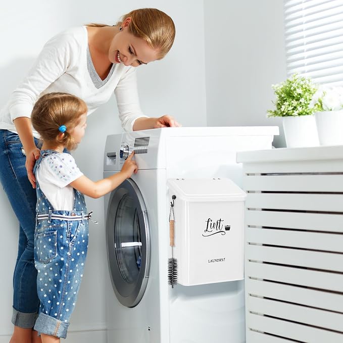 Magnetic Lint Bin for Laundry Room with Brush & Hook - Large Laundry Organizer and Storage, Wall Mounted Trash Can with Lid, Space-Saving Dryer Lint Holder Laundry Room Decor, White