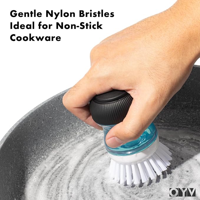 OYV Soap Dispensing Palm Brush Set | Includes Silicone Drip Tray, 1 Refill, Non-Scratch Nylon Bristles, Kitchen Dish Scrub Brush for Cleaning Pots, Pans, Sinks