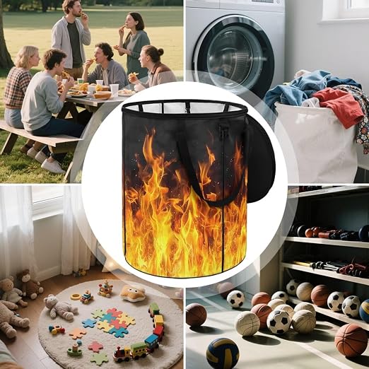 BIGCARJOB Collapsible Garbage Can Fire Print Trash Can Outdoor Waterproof Recycling Bin Storage Bag Holder Trash Bin with Lid and Clip, 22.83x17.71 in