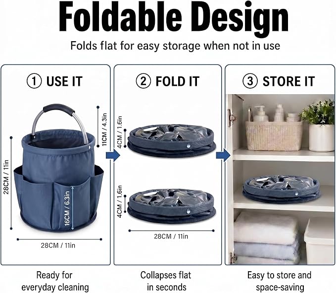 Cleaning Caddy with Handle, Large Supply Organiser 17L with 6 Pockets, Cleaning Products Organiser, Foldable Storage Basket, Portable Cleaning Caddy for Home (Blue)