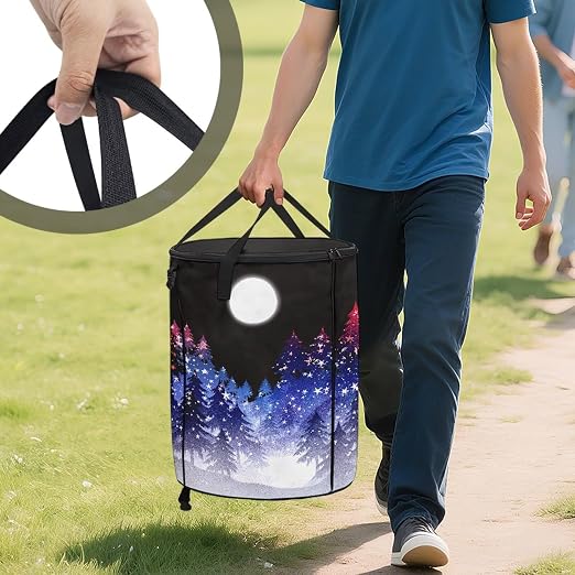 Outdoor Trash Cans for Camping Pine Tree and Moon Collapsable Garbage Can 20+ Gallon Water Resistant Storage Bin for Clothes Bedroom Trash Can Decorative