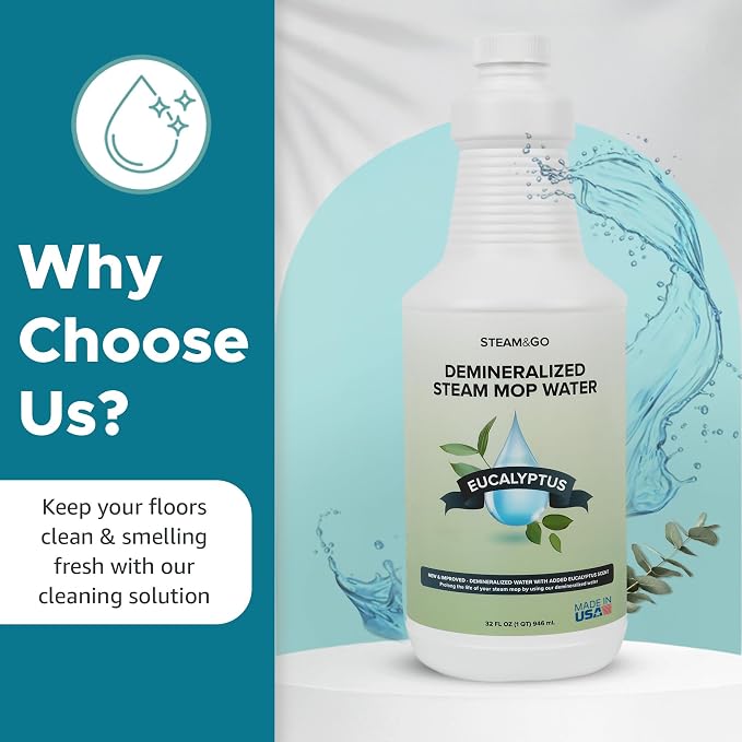 Steam & Go Demineralized Water for Steam Mop – Eucalyptus Mint Scent, 32 oz | Scented Floor Cleaner Solution, Ready-to-Use, Compatible with Any Steam Cleaner