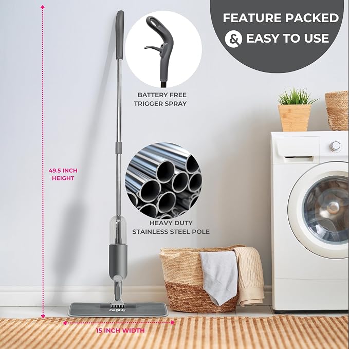 True & Tidy Spray Mop for Floors -Refillable Bottle, Machine Washable Pads