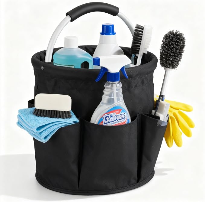 17L Foldable Cleaning Caddy with Handle - Portable Duty Tool Bag Cleaning Supply Organizer, Multi-Compartment Cleaning Bucket Storage Basket for Home Kitchen Bathroom (Black)