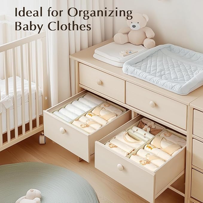 DIMJ Drawer Organizers Clothes, Set of 16 Dresser Organizer Bins, Fabric Closet Organizers and Storage, Shallow Drawer Dividers for Nursery, Clothing, Baby Clothes, Socks, Underwears, Tie (Beige)