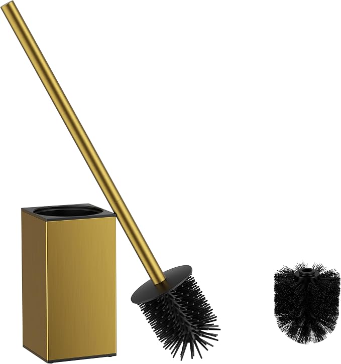 FORIOUS Stainless Steel Toilet Bowl Brush Scrubber and Holder Set Short | Gold, Extended Handle, Removable Inner Bowl, Stable Splash Guard, Steel Joint, Scratch‑Resistant Bristles, for Bathroom RV