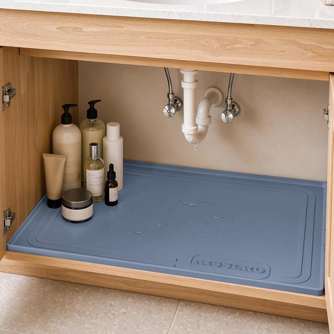 Waterproof Under Sink Mat 28"x19", Silicone Mat, Dark Blue | BPA-Free Shelf Liner, Raised Edge Traps Spills & Leaks, Bathroom, Kitchen Cabinet, for Boots, Pets, Home Essentials Organizer