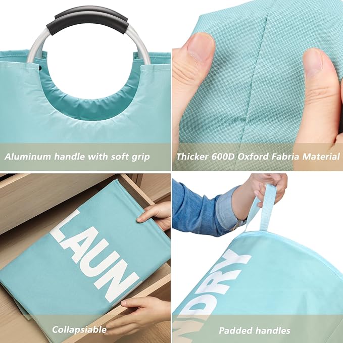 Maxsilan 125L X-Large Laundry Basket Bag, Collapsible Hamper, Light Blue | Freestanding tall laundry bag & foldable washing basket. Large capacity clothes storage bin with durable sturdy handles